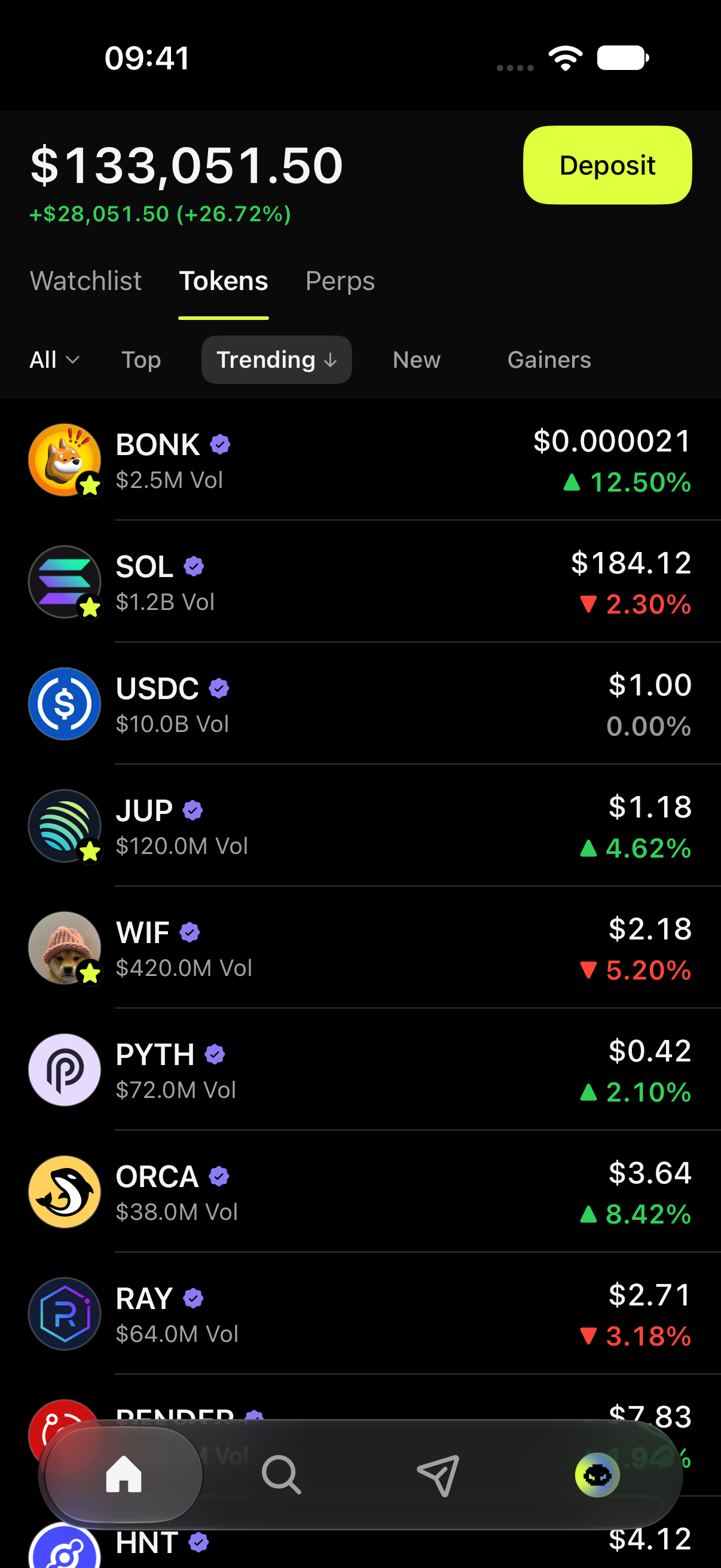 Grind Home with Watchlist, Tokens and Perps tabs and a list of trending tokens. Illustrative demo data.