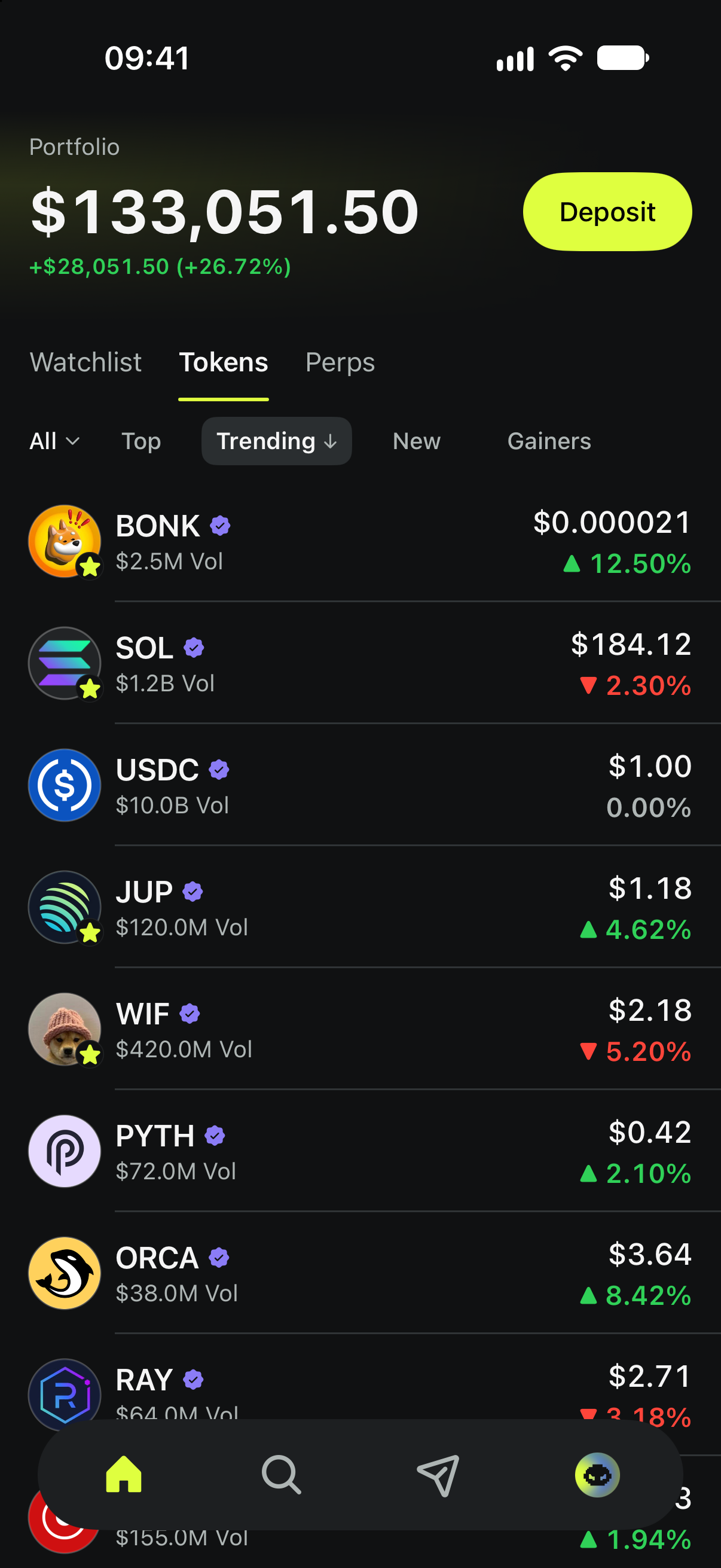 Grind Home with Watchlist, Tokens and Perps tabs and a list of trending tokens. Illustrative demo data.
