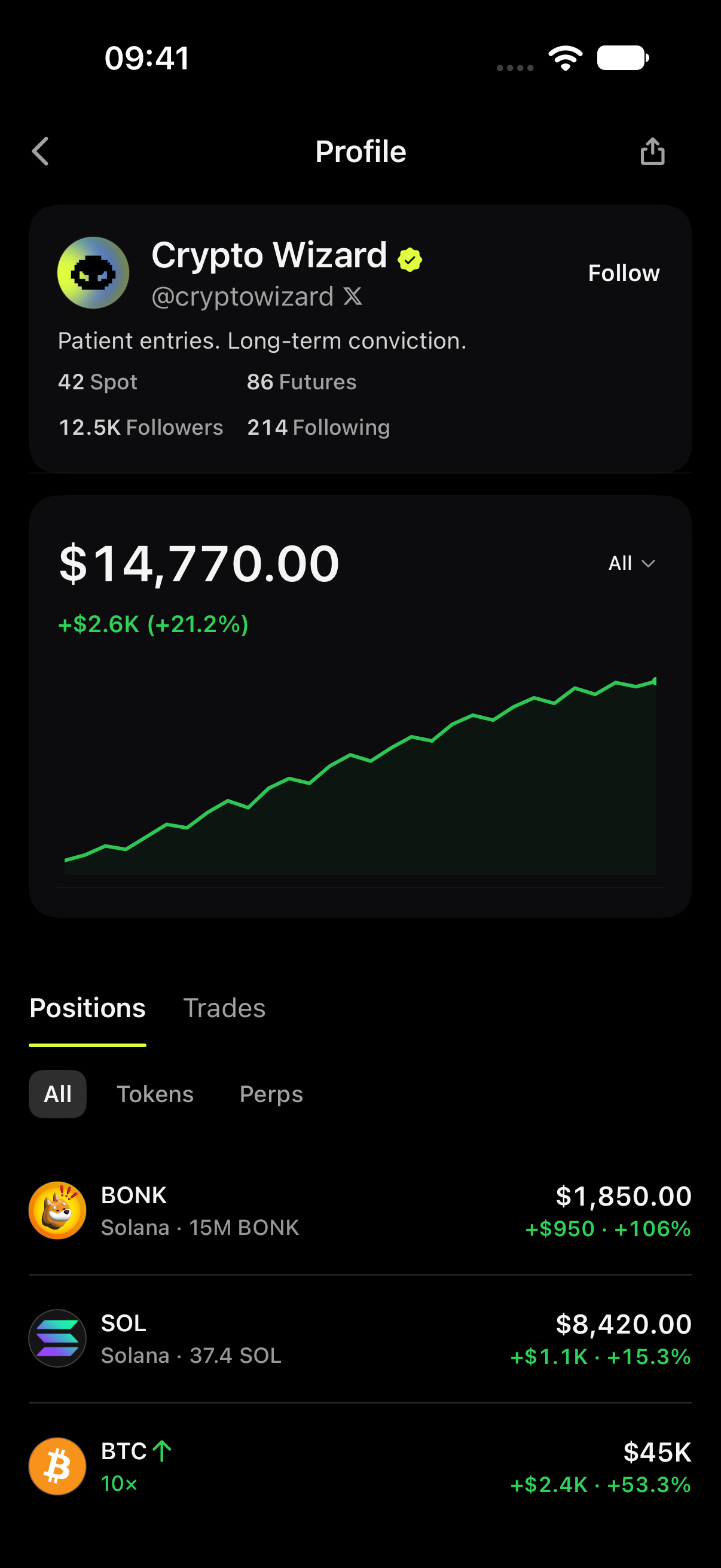 Public Grind trader profile with portfolio history and open spot and perp positions. Illustrative demo data.