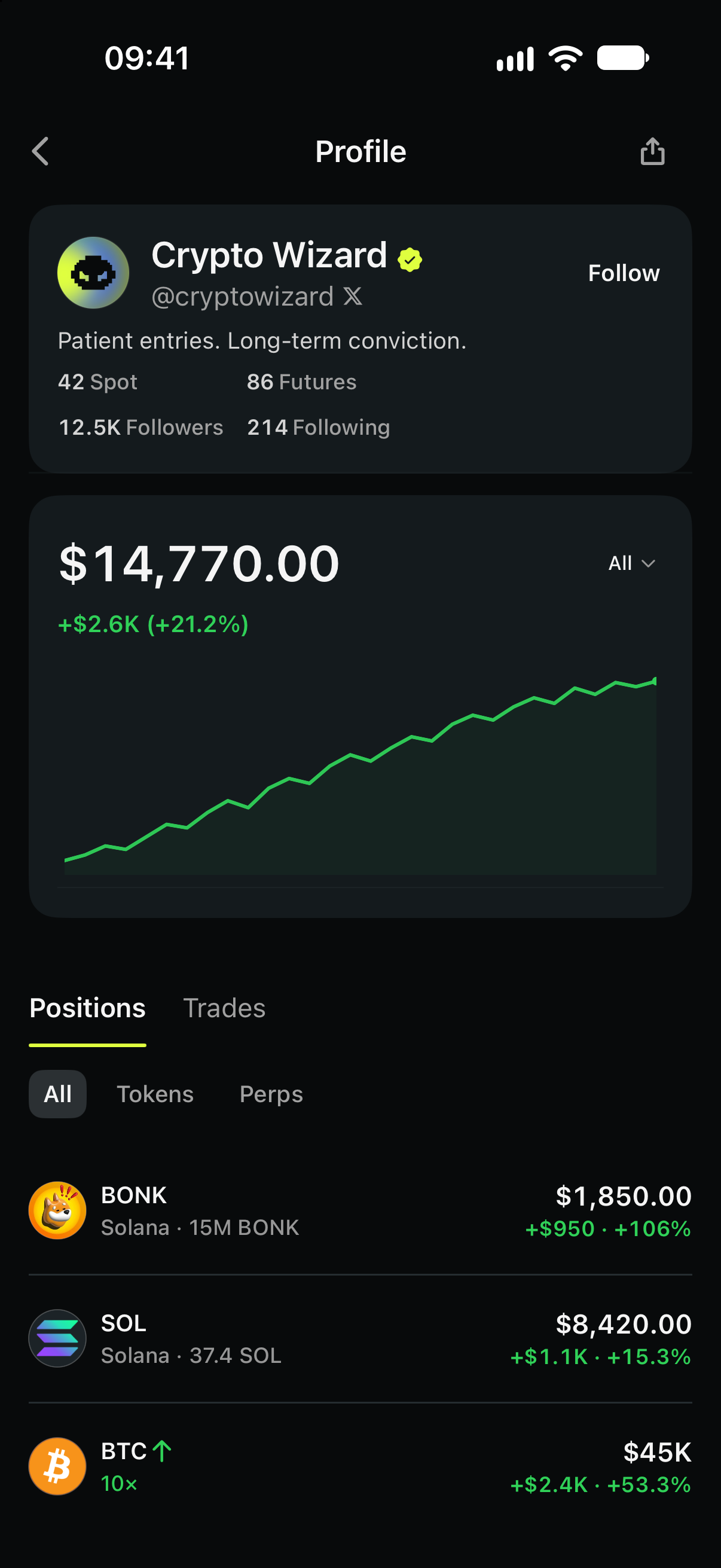 Public Grind trader profile with portfolio history and open spot and perp positions. Illustrative demo data.
